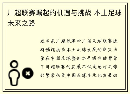 川超联赛崛起的机遇与挑战 本土足球未来之路