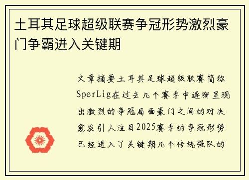 土耳其足球超级联赛争冠形势激烈豪门争霸进入关键期