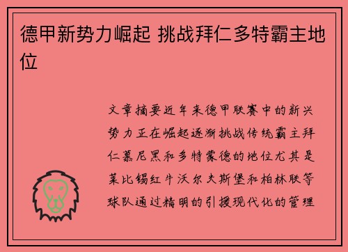 德甲新势力崛起 挑战拜仁多特霸主地位